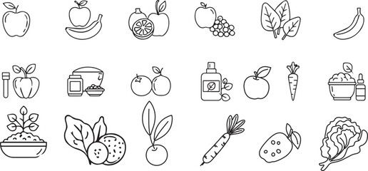 set of flowers, fruits, vegatables, bowl and leaves