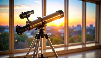 A telescope positioned by a window at sunset, offering a view of a vibrant city skyline