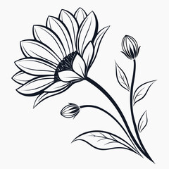 Elegant black and white floral design single flower stem line art botanical illustration