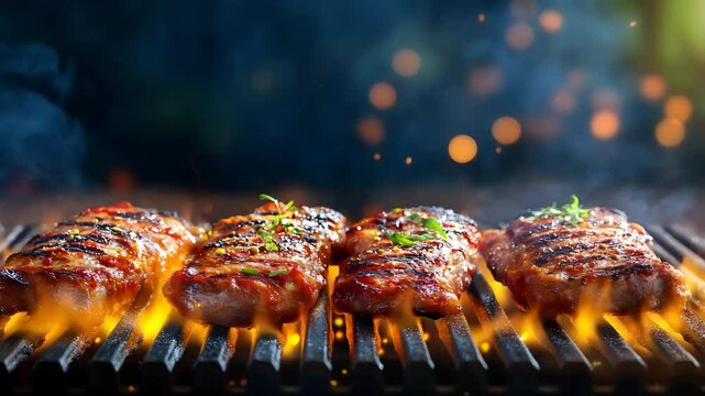 A closeup of grilling with flames and smoke video beef BBQ video a closeup of grilling meat video meat on the grill video summer barbecue video Ultra HD