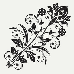 Elegant black and white floral design element swirls leaves flowers