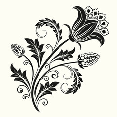 Elegant black and white floral design element swirls leaves flowers