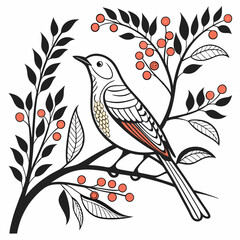 Bird on branch with berries artistic illustration