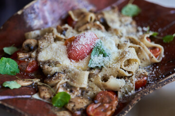 Pappardelle with mushrooms and burrata