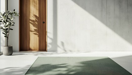 Bright, minimalist hallway with wooden door and green rug