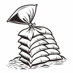Stack of tied sandbags on ground black and white illustration