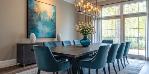 Fototapeta premium Elegant dining room interior design modern home decor inspiration bright atmosphere wide angle contemporary style