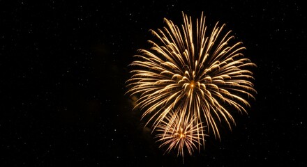 Fototapeta premium Night Sky Fireworks Display - Stunning golden fireworks explode against a dark night sky, creating a vibrant and festive spectacle