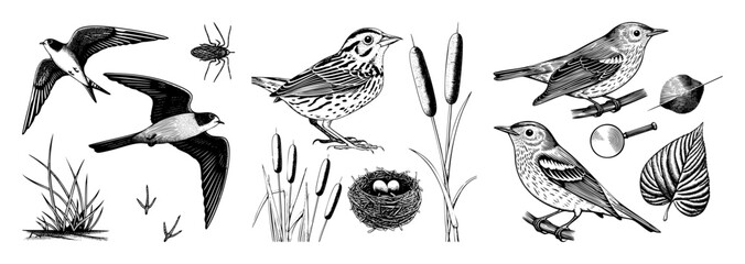 Fototapeta premium Vector Detailed illustrations of songbirds a nest with eggs and natural elements.