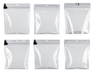 Realistic Resealable Plastic Pouch Mockups in Multiple Views, Transparent PNG