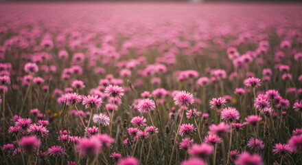 Obraz premium Pink Flower Field Serenity - Peaceful pink flower field, symbolizing serenity, beauty, nature's abundance, gentle growth, and soft light