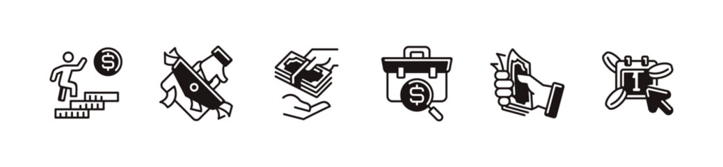 simple employee working for money income icon line set financial job salary success business earning online profit signs vector illustration for web and app