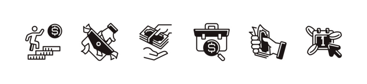 simple employee working for money income icon line set financial job salary success business earning online profit signs vector illustration for web and app