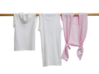 White and pink clothes hanging on a wooden rod isolated on transparent background