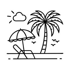Stylized black line art silhouette of beach umbrella and sun