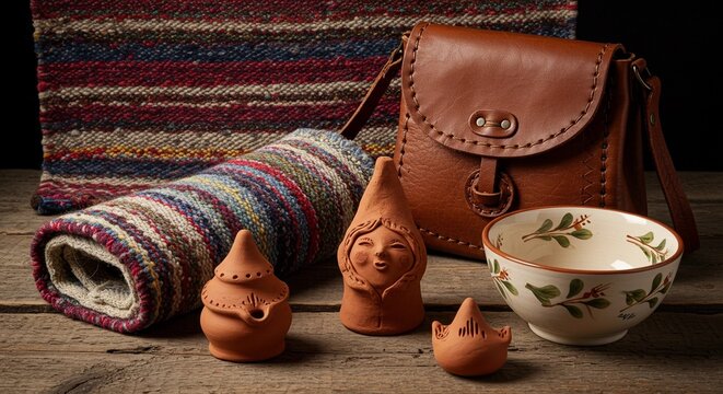 crafted and handmade objects are arranged on a table.