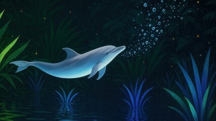 Fototapeta premium Serene dolphin in moonlit waters.