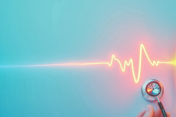 A glowing neon heartbeat line pulses across a soft cyan background, connected to a stethoscope held by a hand—symbolizing futuristic healthcare and digital diagnostics.