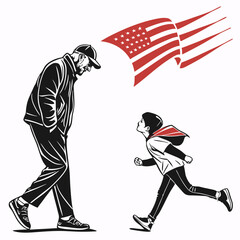 Older man and child running towards american flag