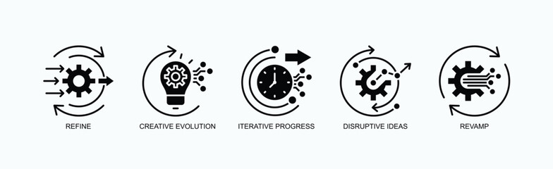Creative Transformation Icon Set Isolated Vector With Icon Of Refine, Creative Evolution, Iterative Progress, Disruptive Ideas, Revamp In Glyph Style