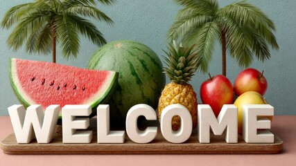 Colorful fruit display welcomes guests at a tropical themed event with palm trees and a vibrant arrangement of fresh produce