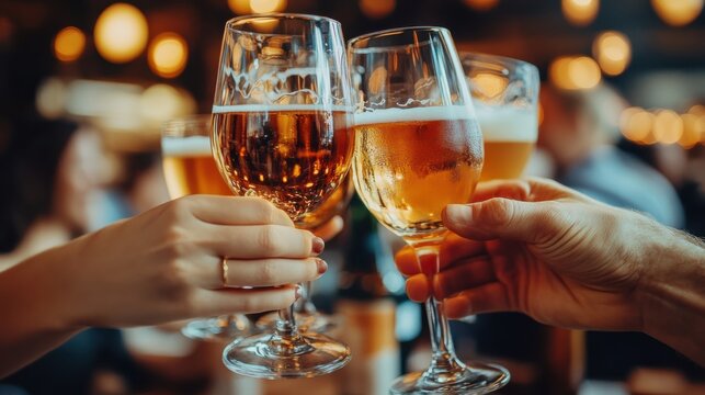 Celebratory toast with beer and wine glasses cozy restaurant beverage photography warm atmosphere close-up perspective