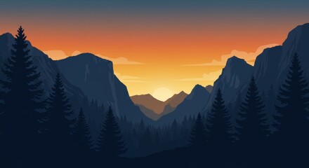 Obraz premium Serene Sunset Valley - Majestic mountains, tranquil forest, vibrant sunset, peaceful valley, nature's beauty. Symbolizing serenity, adventure, peace, escape, and wonder