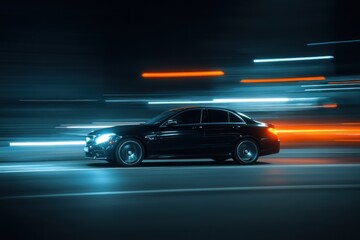 Black car driving at night on a city street