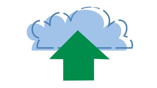 Cloud data upload icon in cartoon animation. Transfer digital file migration symbol. Online document organization sign. Alpha channel.
