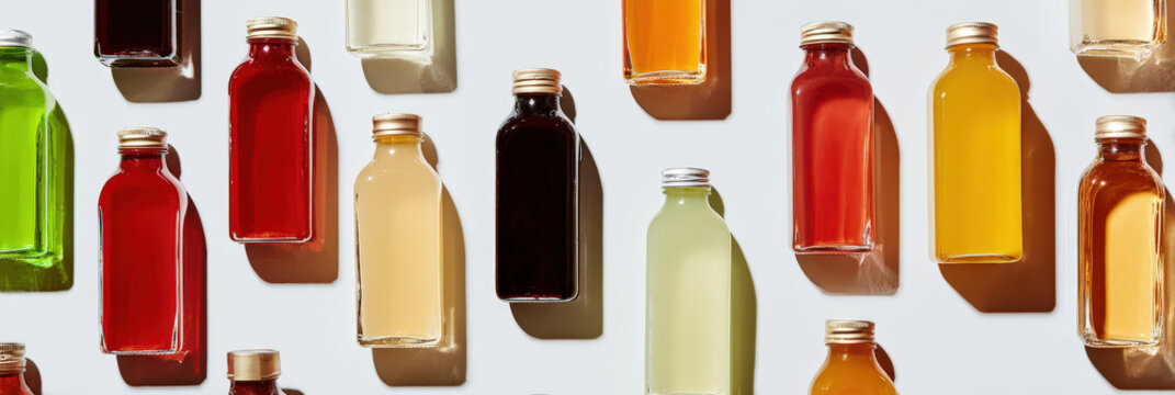 Variety of colorful coffee syrup bottles are arranged in pattern, casting shadows on light background. vibrant hues and reflections create visually appealing and dynamic composition