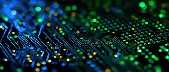 Close up of a circuit board with glowing components