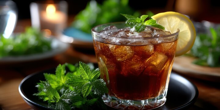 Sweet mint beverage served with lemon slice on a wooden table surrounded by fresh mint leaves in an inviting setting