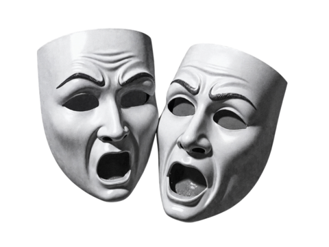 Two dramatic theater masks isolated on transparent background