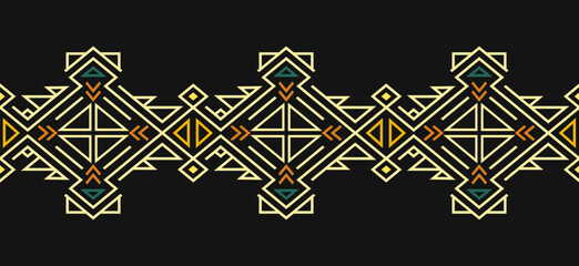 African seamless border. Ethnic print. Geometric pattern on black background