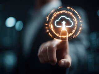 Cloud upload icon highlighted by finger touch