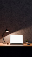 Blank screen of laptop for mockup. Workspace with computer, coffee cup, plant and desk lamp....