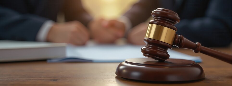 Wooden gavel and sound block on a table with blurred legal professionals in the background, representing justice and law.