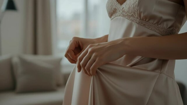 Hands adjusting beige satin robe indoor