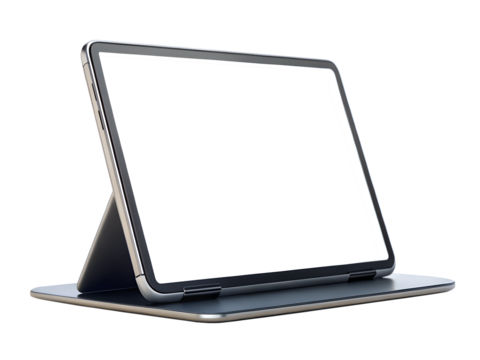 Modern silver tablet computer in stand position isolated on transparent background - Powered by Adobe