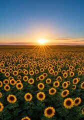 Obraz premium Sunlit Sunflower Field at Sunset - A vast field of sunflowers basking in the golden light of a setting sun, symbolizing nature, abundance, warmth, joy, and serenity