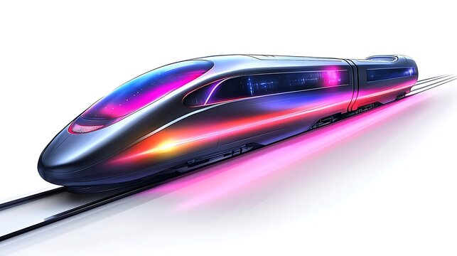 Clipart of a futuristic train speeding across a track with magnetic levitation effects and glowing energy lines on a pure white background symbolizing advanced, silent speed
