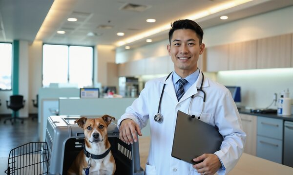 Full-Body Portrait of Fit Asian Male Veterinarian Standing Beside Open Pet Carrier with Small Dog Inside, Holding Clipboard in Modern Clinic with Natural Light