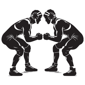 Two wrestlers in starting position silhouette