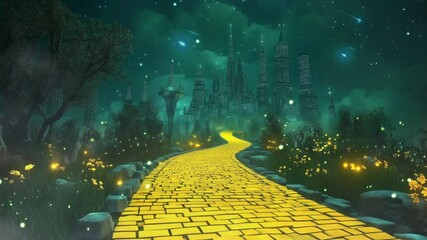 mesmerizing cinematic shot of a glowing yellow brick road winding through a mystical, firefly-lit forest, leading toward a futuristic emerald city skyline under a starlit night sky. Loop animation - Powered by Adobe