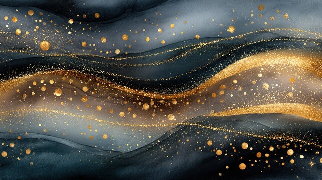 Cosmic Black Watercolor Art with Elegant Gold Sparkles and Mystical Abstract Space Vibe