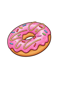 Cartoon Donut Illustration with Pink Frosting and Sprinkles png isolated transparent background