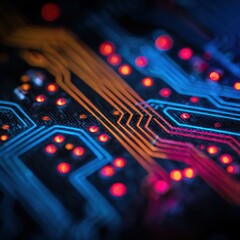 Close up of vibrant glowing circuit board