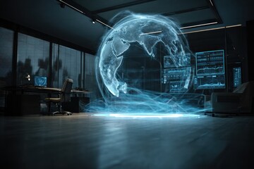 Holographic earth globe in a futuristic office at night