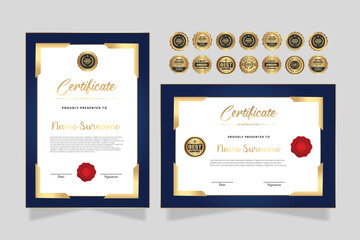 Gold and Blue modern certificate template for corporate, achievement, diploma, award, graduation, completion, appreciation, acknowledgement, recognition etc