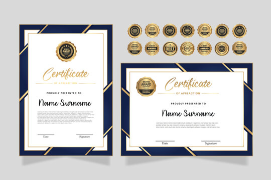 Blue gold certificate template with modern corporate design concept. Certificate of achievement for award, business recognition, diploma, online courses and much more
